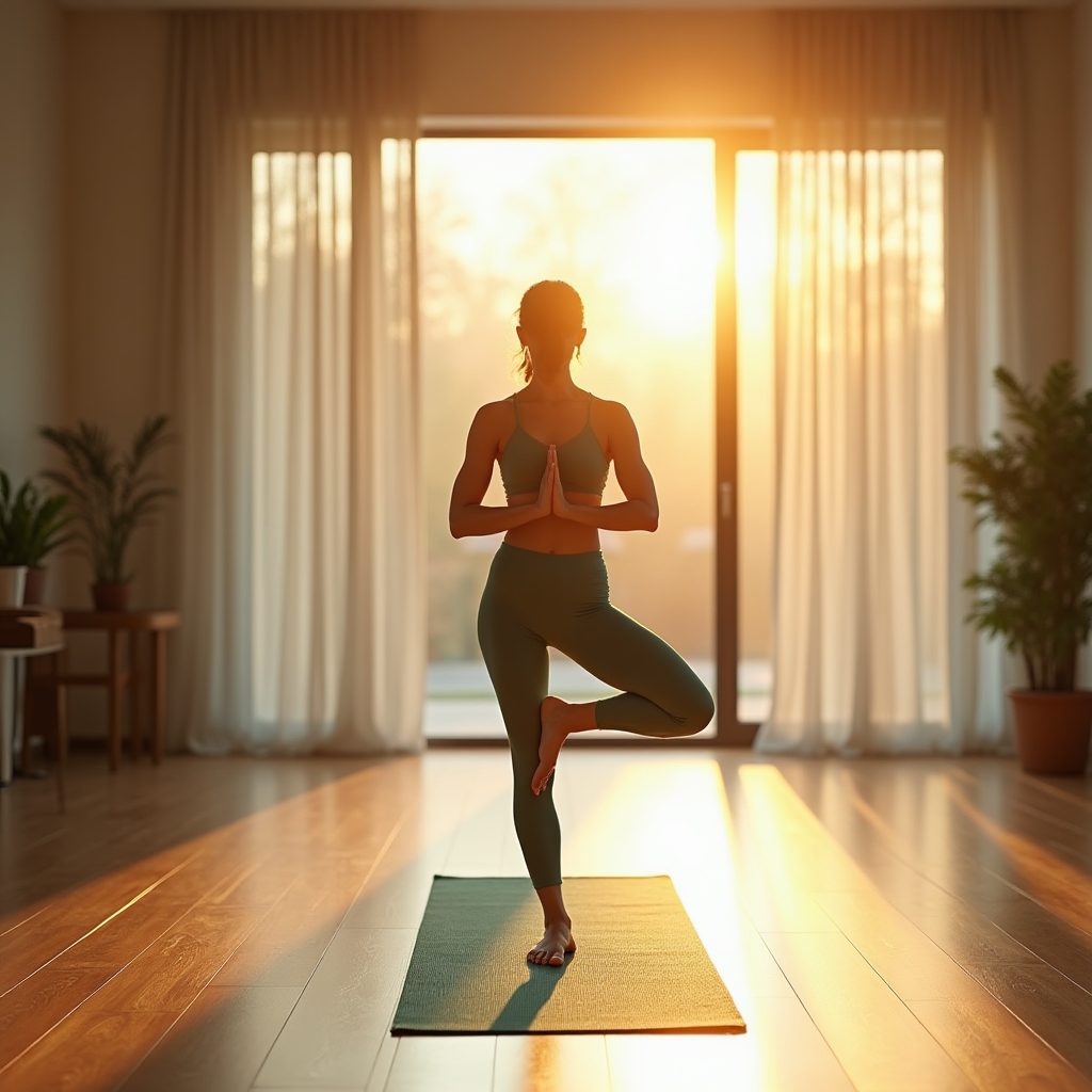 Pratica yoga al mattino in sala luminosa