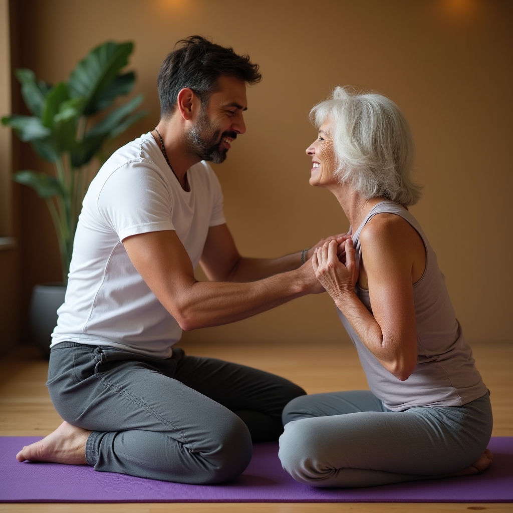 Istruttore che guida uno studente in una posizione yoga